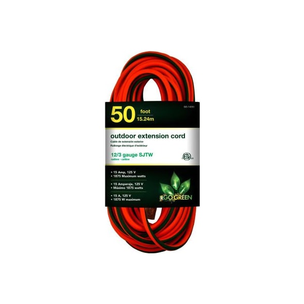 Gogreen SJTW Extension Cord, 12 AWG, Outdoor, 12/3, 1 Outlets, Green/Orange, 50 ft GG-14050 - main